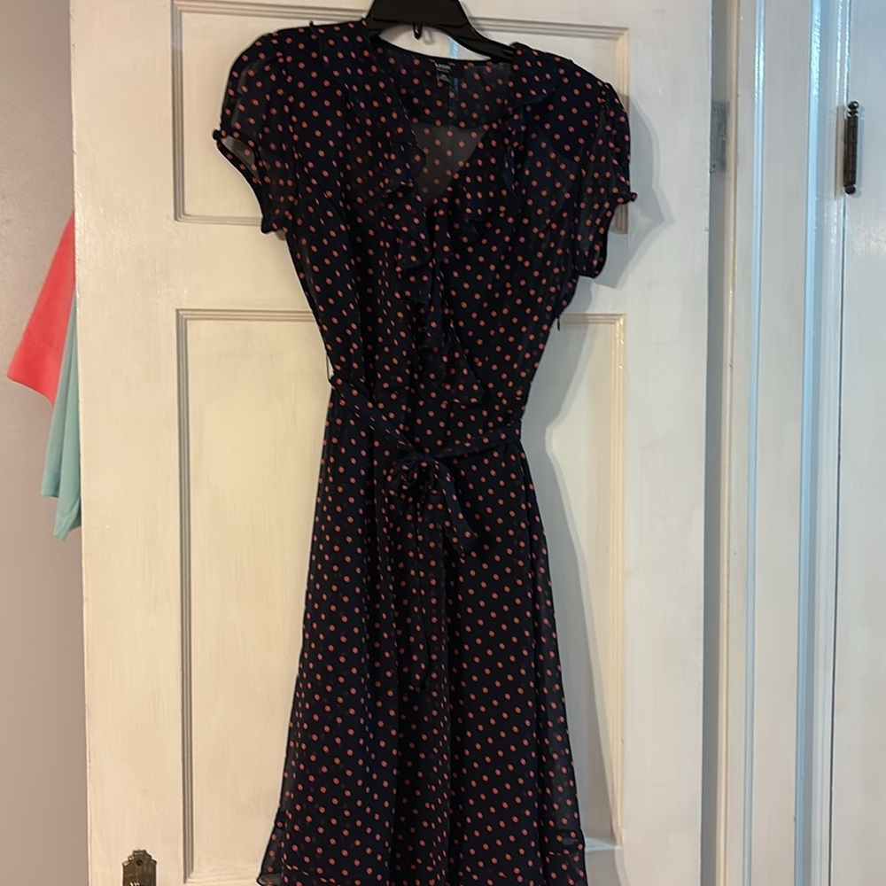 Navy blue with salmon colored polka dot dress - Picture 3 of 6